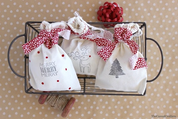 Reusable Christmas Fabric Gift Bags - Gingerbread Man on Red Print