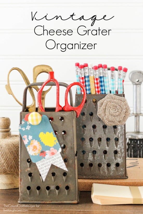 Vintage Cheese Grater Organizer - turn a metal cheese grater into a magnetic memo board and storage for office supplies via thecasualcraftlete.com for livelaughrowe.com