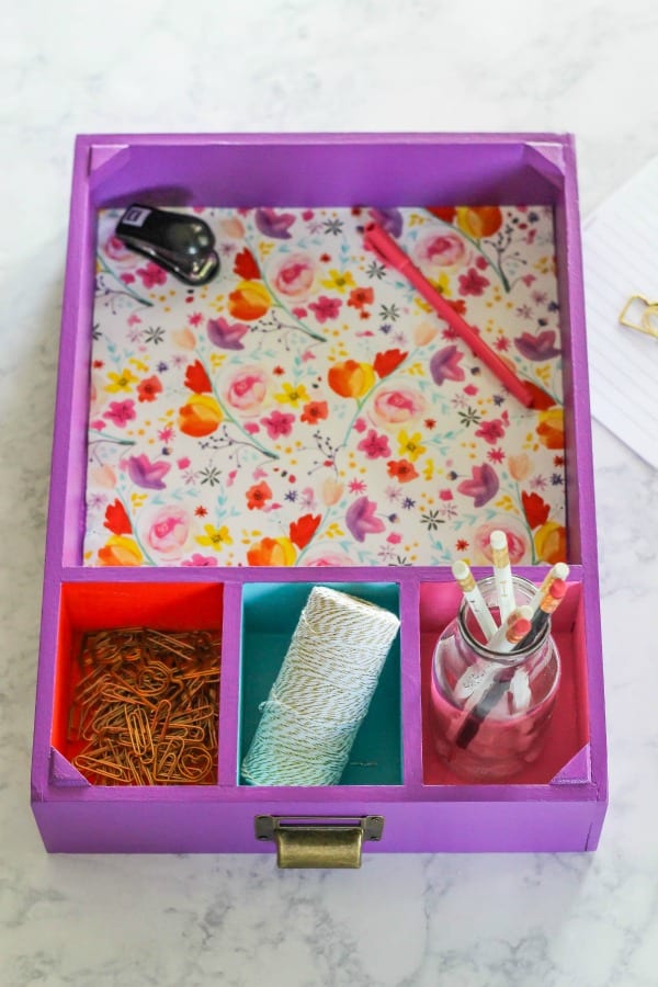 Create a Colorful Drawer Desk Organizer that is perfect for storing and organizing office and back to school supplies using multi-surface paints.
