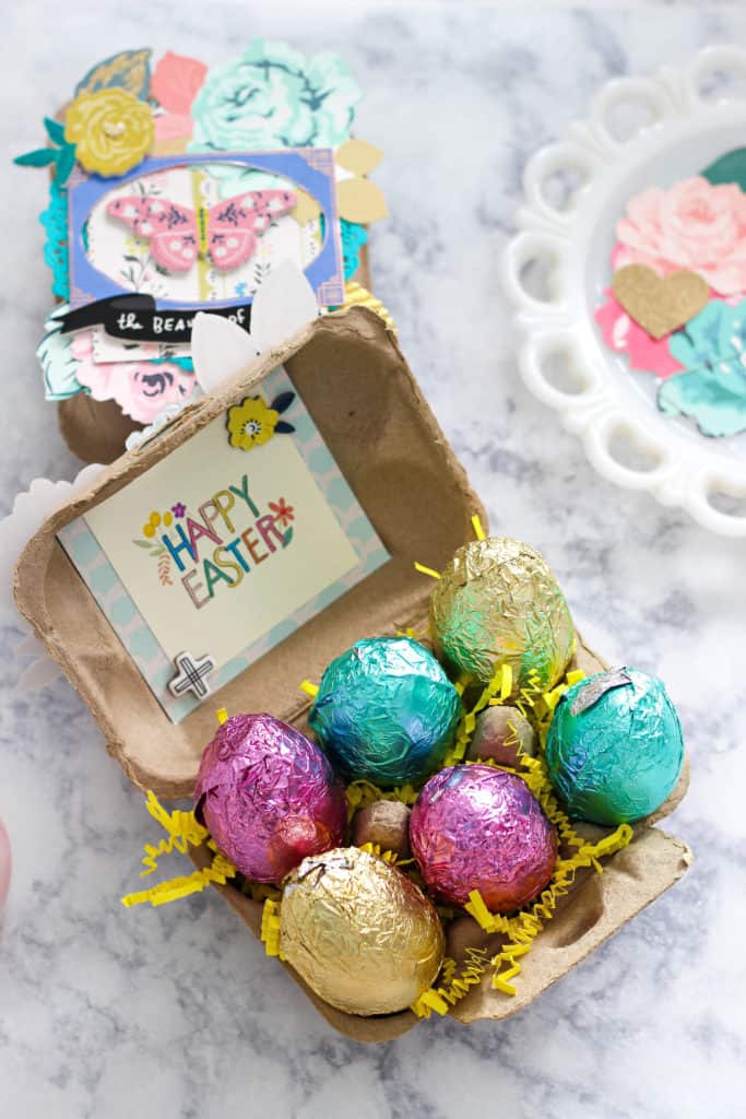 Are you in need of an easy gift idea for spring? Learn how to make a creative egg carton craft gIft for easter. A great solution to brighten someones day. #papercrafting #papercrafts #papercraft #Easter #Eastercraft #eggcarton #eggcartoncrafts #diy