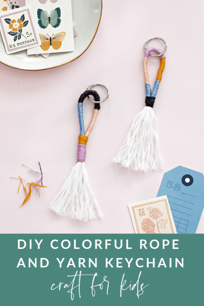 Learn How To Make A Colorful, Fun Rope And Yarn Keychain using regular household items like cotton and embroidery thread. #diy #keychain #howtomake #yarn #kidscrafts